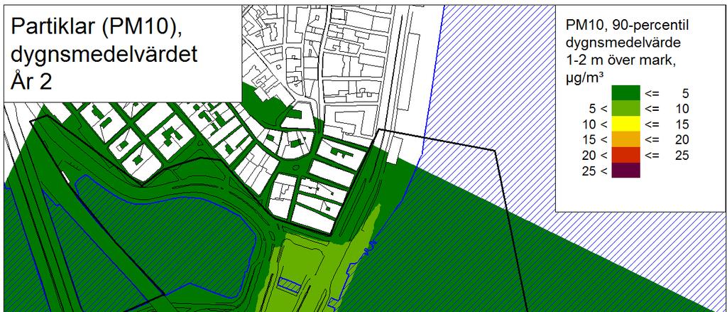 Figur 8.2.4.1. Dygnsmedelvärdet av det genomsnittliga tillskottet till halten PM10 kring arbetsområdet År 2. (Arbetsområdet anges med svart linje). Utanför arbetsområdet är bidragen lägre.