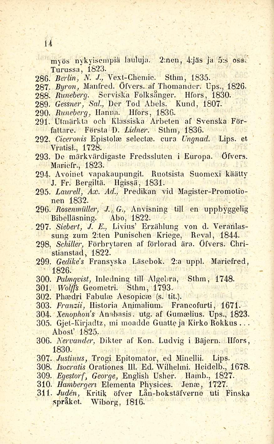 14 myös nykyisempiä lauluja. 2:nen, 4:jäs ja s:s osa.. Turussa, 1823. 286. Berlin, N../., Yext-Chemic. Sthm, 1835. 287- Byron, Manfred. Öfvers. af Thomander. Ups., 1826. 288. Runeberg.