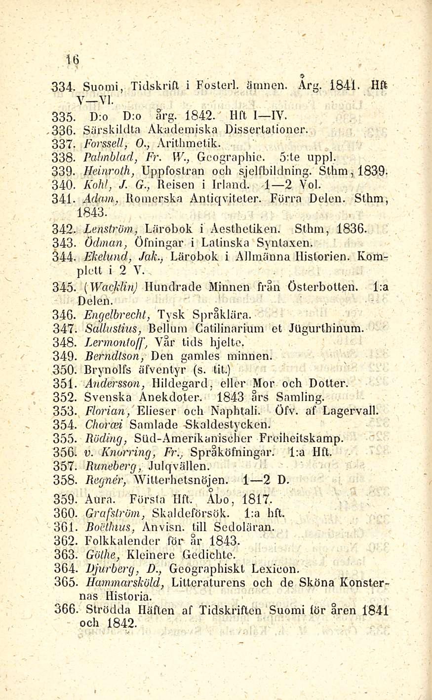 16 9 334. Suomi, Tidskrift i Fosterl. ämnen. Arg. 1841. Hft V VI. 335. D:o D:o arg. 1842. Hft I IV. 336. Särskildta Akademiska Dissertationer. 337- Forssell, 0., Arithmetik 338. Pahnblad, Fr. [V.