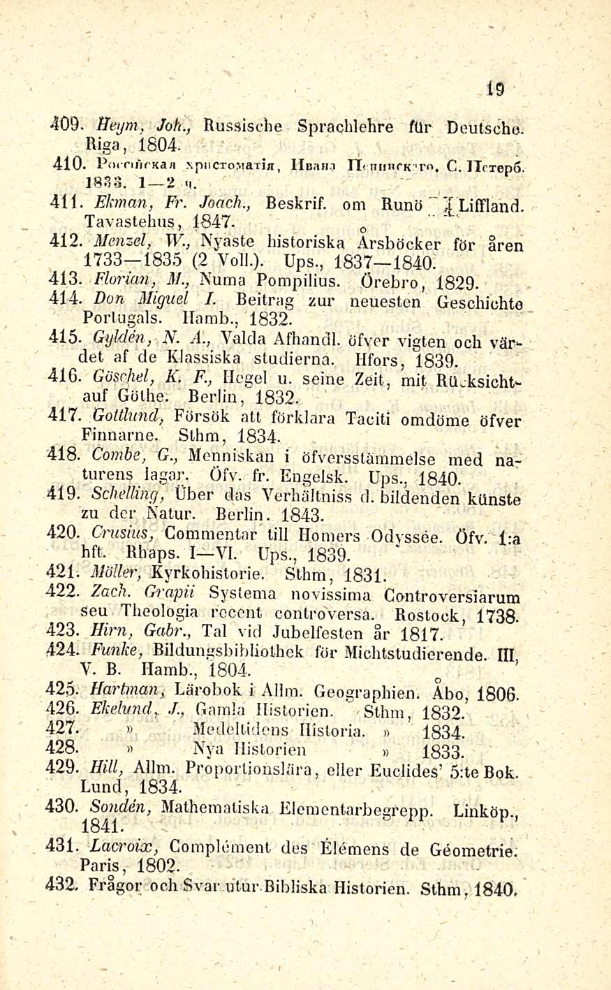 19 409. ffeym, Joh., Russische Sprachlehre fur Deutsche. Riga, 1804. 410. PocnjirKaa NpucxoMarijr, liaani Ui niinen im. C. ITcrepö. 1833. I 2 <i. 411. Ekman, Fr. Joach., Beskrif. om Runö I Liffland.