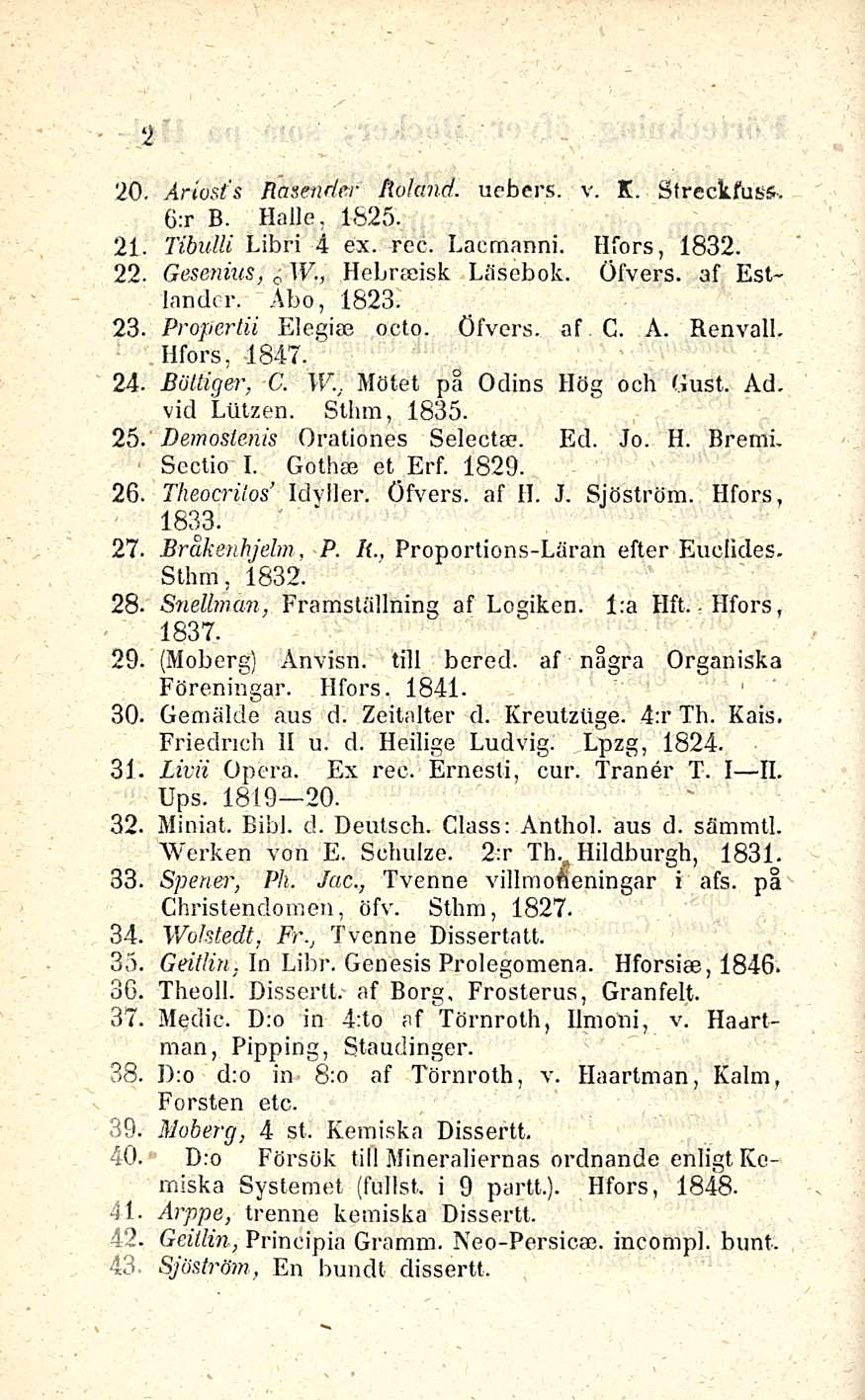 21 22 23. 24. 25. 2 Åriosis Rasenrler' Roland, uebers. v. K. Streckfuss. 6:r B. Kalle, 1825. Tibulli Libri 4 ex. rec. Lacmanni. Hfors, 1832. Gesenius, ö W., Hebraeisk Läsebok. Öfvers. af Estlander.