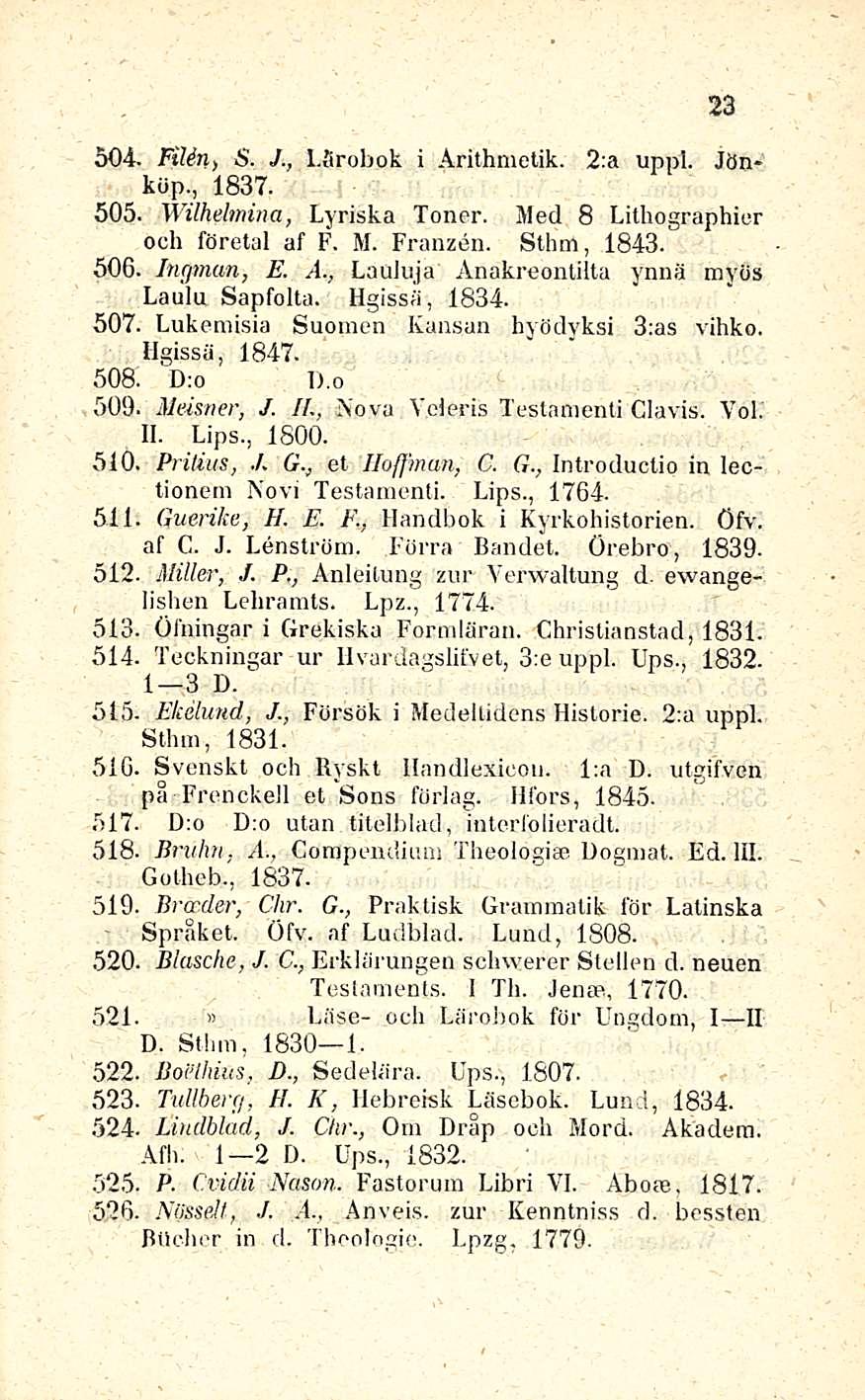23 504. FiUn, S. J., l.srobok i Arithmetik. 2:a uppl. Jönköp., 1837. 505. Wilhelmina, Lyriska Toner. Med 8 Lithographicr och företal af F. M. Franzen. Sthm, 1843. 506. Ingman, E. A., Lauluja Anakreontilta ynnä myös Laulu Sapfolta.