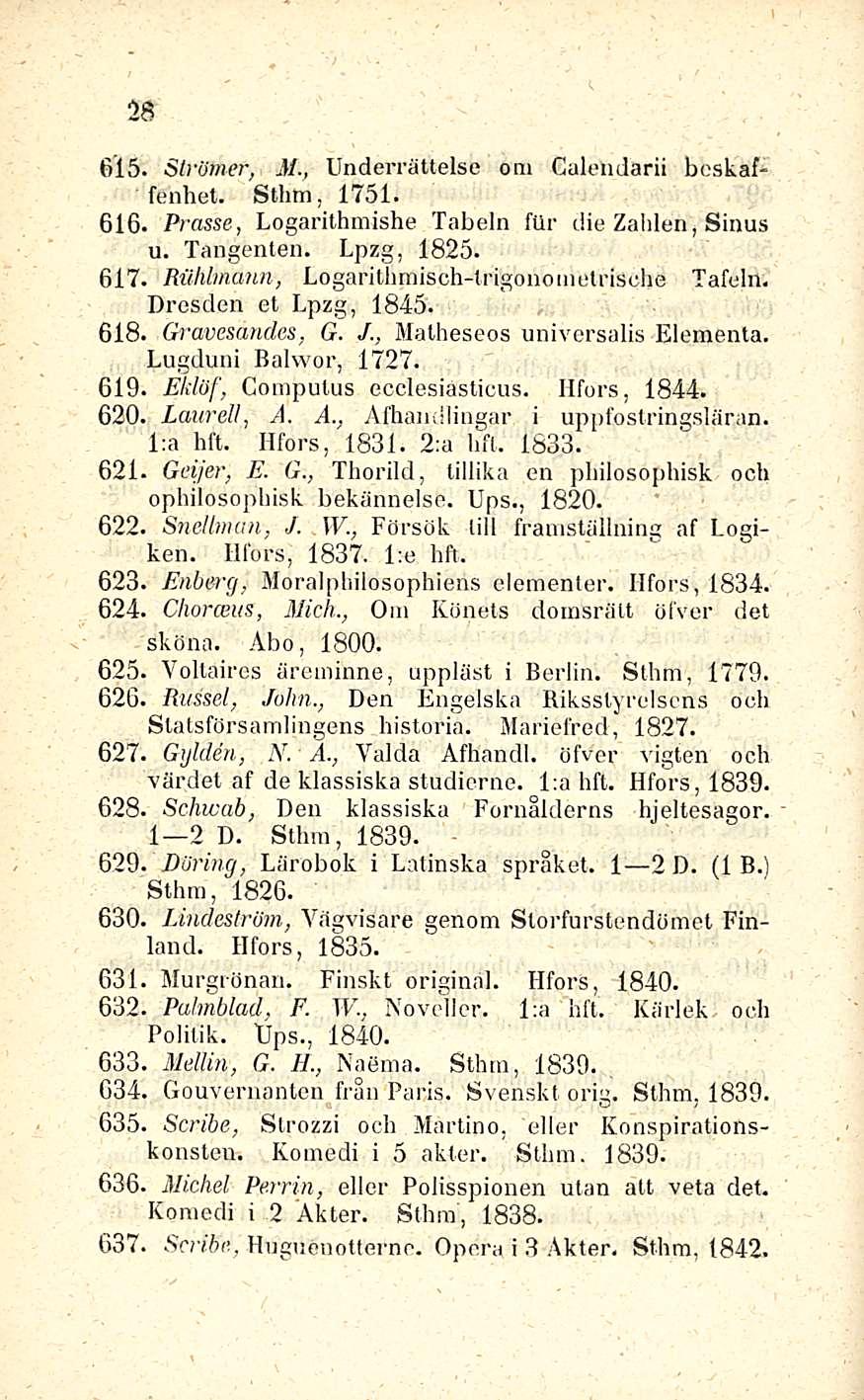 28 615. Slrötner, M., Underrättelse om Calelidarii boskaffenhet. Sthm, 1751. 616. Prasse, Logarithmishe Tabeln fur die Zaiilen, Sinus u. Tangenten. Lpzg, 1825. 617.