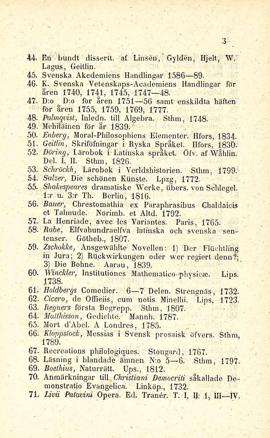 44. Hii bundt disserll. af Lmsön, Gylden, Hjelt, W. Lagus, Geitlin. 45. Svenska Akedemiens Handlingar 1586 89-46. K. Svenska Vetenskaps-Academiens Handlingar för åren 1740, 1741, 1745, 1747 48. 47.