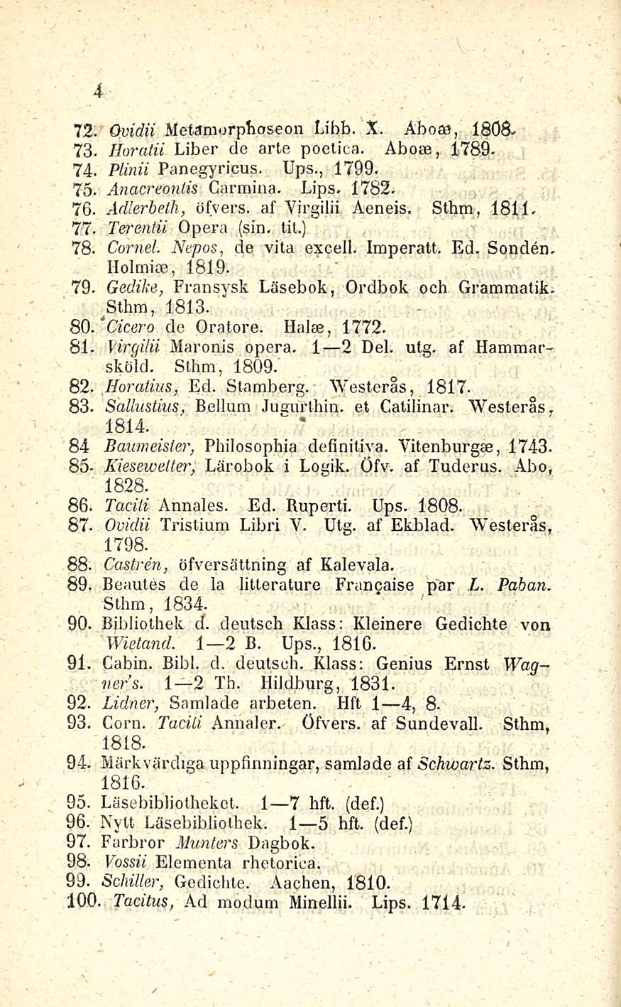 4 72. Ovidii Metamorphoseon Libb. X. Åbo, 1808. 73. Horatii Liber de arte poetica. Åbo, 1789-74. Plinii Panegyricus. Ups., 1799. 75. Anacreonlis Carraiaa. Lips. 1782. 76. Adlerbeth, öfvers.