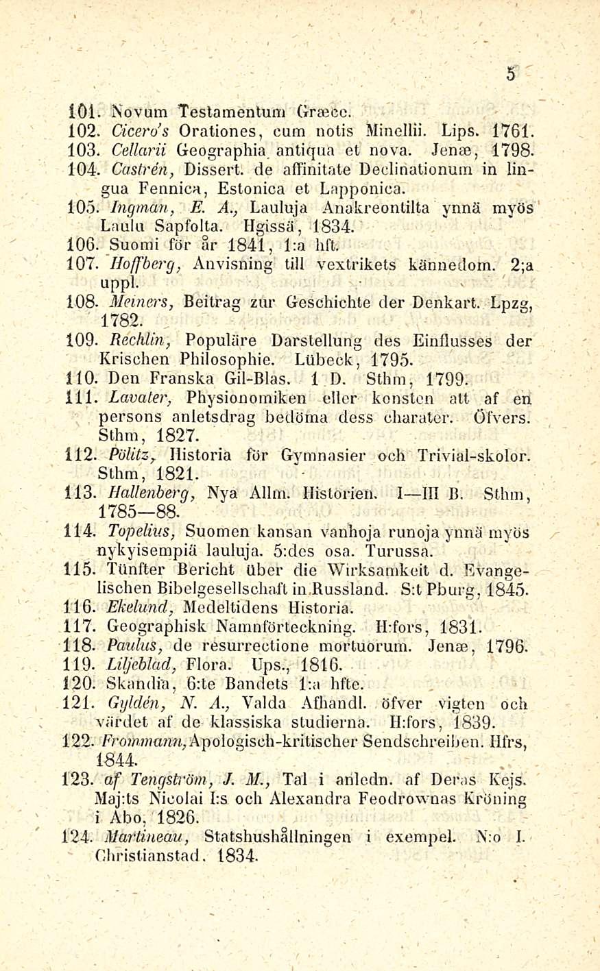 101. Novum Teslamentum Grajce. 102. Cicero's Orationes, cum notis Minellii. Lips. 1761. 103. Cellarii Geographia antiquä et nova. Jenee, 1798. 104. Castren, Dissert.