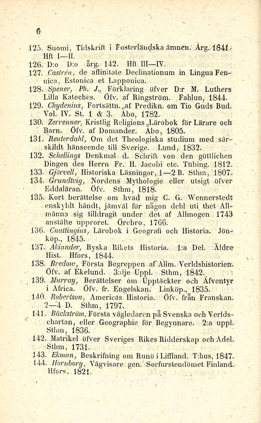 6 125. Suomi, Tidskrift i Fosterländska Armien. Årg. 1841 - Hfl I II. 126. D;o D:o årg. 142. Hfl 111 IV. 127. Castren, de aflinitate Deelinationum in Lingua Fennica, Estonica et Lapponica.