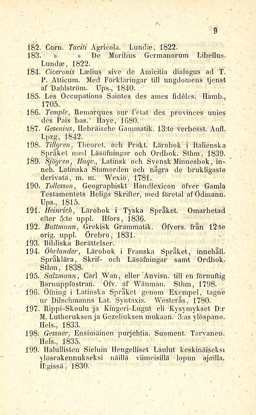 9 s, 182. Corn. Taotti Agricola. Lund, 1822. 183.»» De Moribus Germanorum Libellus. Lundae, 1822. 184. Ciceronis Lselius sivc dc Amieitia dialogus ad T. P. Atticurn.