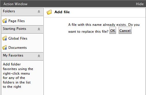 40 Användarhandbok för redaktörer EPiServer 7.1 CMS 5. Klicka på Spara. Ett meddelande visas där du frågas om du vill ersätta filen. 6. Bekräfta genom att klicka på OK.