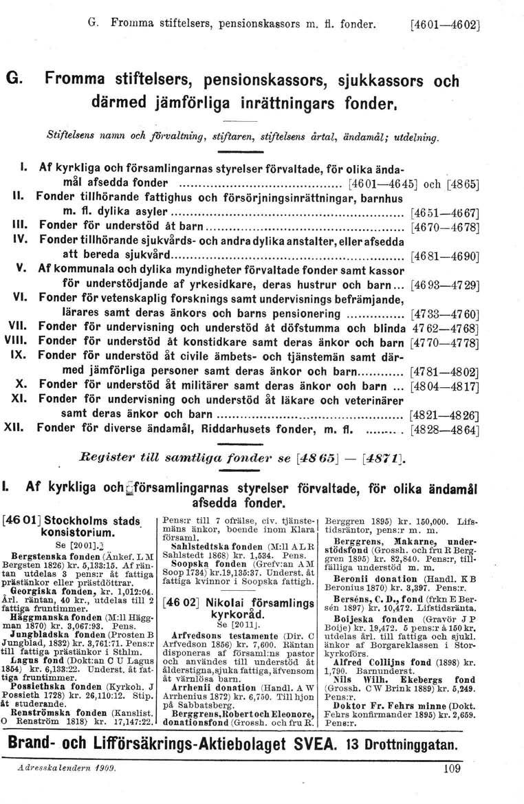 G. Fromma stiftelsers, pensionskassors m. fi. fonder. [4601-4602] G. Fromma stiftelsers, pensionskassors, sjukkassors och därmed jämförliga inrättningars fonder.