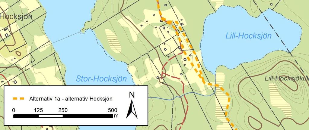 Figur 11. Utredda sträckningsalternativ för alternativ 1a på sträckan mellan Stor- och Lill-Hocksjön. Alternativ 2 utgör en sträckning med luftledning genom tidigare obruten skogsmark.