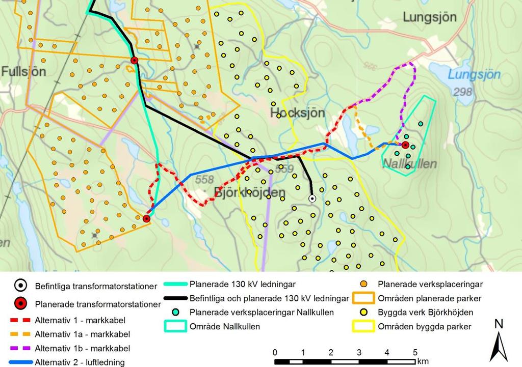 Figur 1. Översikt studerade sträckningsalternativ för planerad 30 kv ledning mellan Nallkullen och Björkvattnet i förhållande till befintliga och planerade vindkraftanläggningar i området. 1.2 Tillstånd För att få bygga och använda en kraftledning krävs tillstånd, sk.