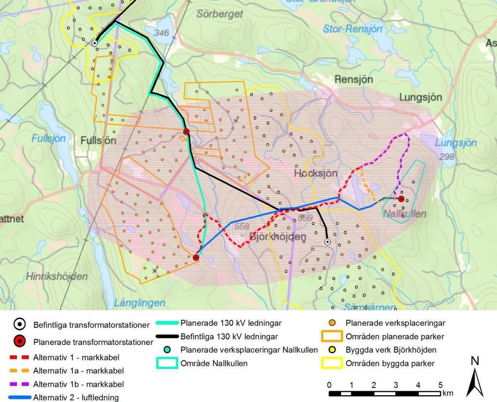 Figur 2. Utredningsområde i förhållande till befintliga och planerade vindkraftanläggningar och kraftledningar i området.