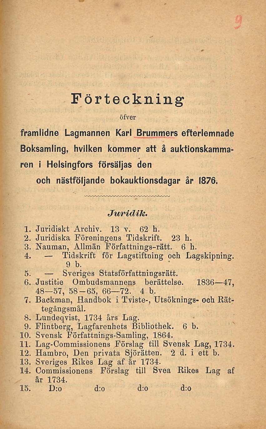 Förteckning öfver framlidne Lagmannen Karl Brummers efterlemnade Boksamling, hvilken kommer att å auktionskammaren i Helsingfors försäljas den och nästföljande bokauktionsdagar år 1876. Juridik. 1. Juridiskt Archiv.
