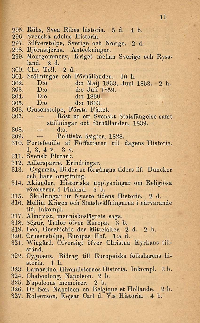 11 295. Riihs, Svea Rikes historia. 5 d. 4 b. 296. Svenska adelns Historia. 297. Silfverstolpe, Sverige och Norige. 2 d..298. Björnstjerna. Anteckningar. 299.