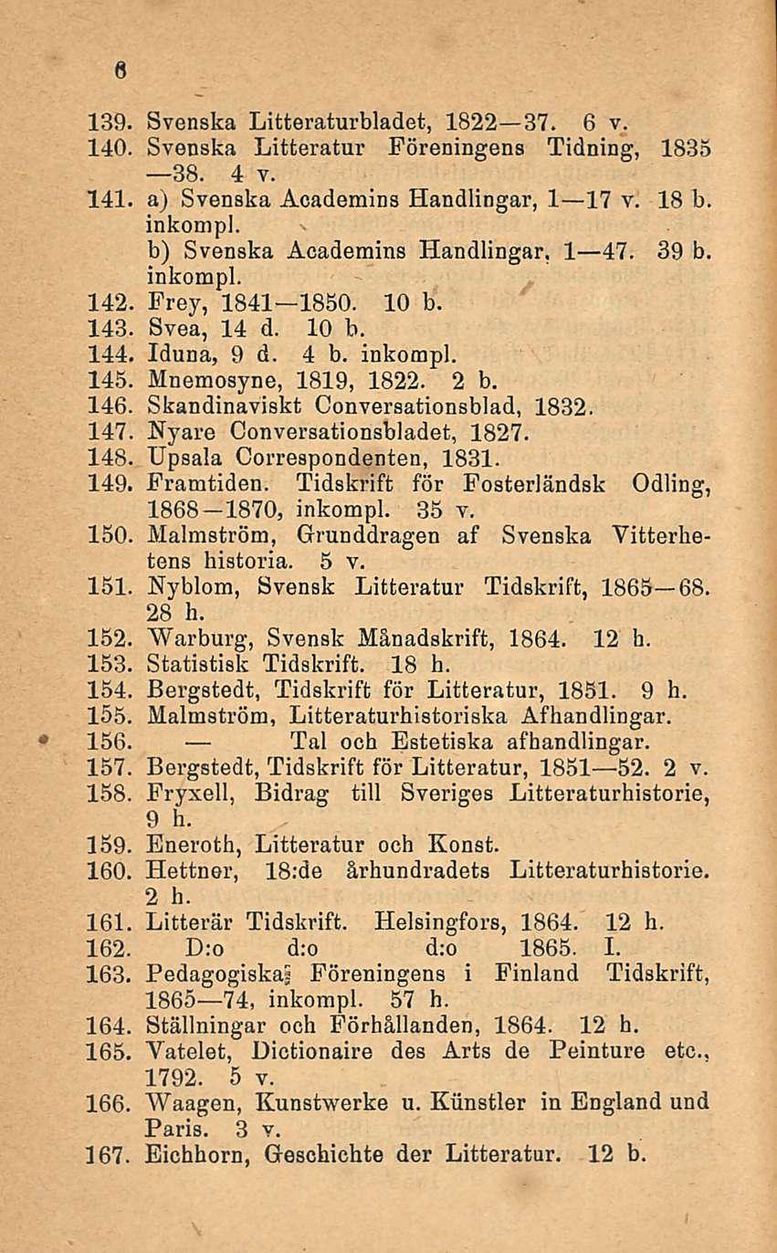 139. Svenska Litteraturbladet, 1822 37. 6 v. 140. Svenska Litteratur Föreningens Tidning, 1835 3B. 4 v. 141. a) Svenska Academins Handlingar, I l7 v. 18 b. inkompl.