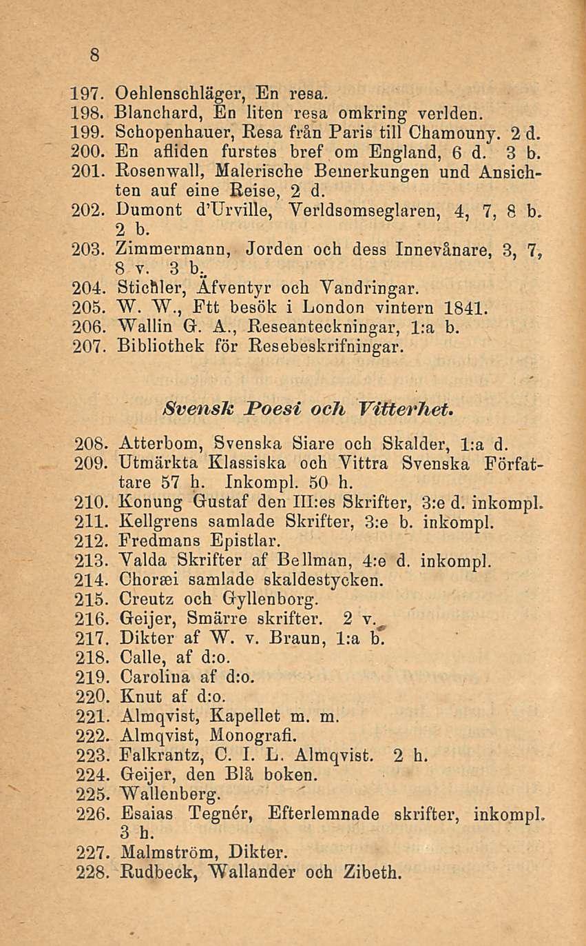 8 197. Oehlenschläger, En resa. 198. Blanchard, En liten resa omkring verlden. 199. Schopenhauer, Resa från Paris tili Chamouny. 2 d. 200. En afliden furstes bref om England, 6 d. 3 b. 201.