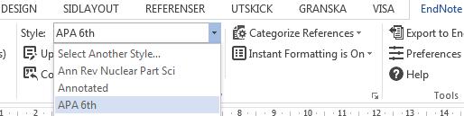 Välja stil / uppdatera referenslista Byta stil i Word: