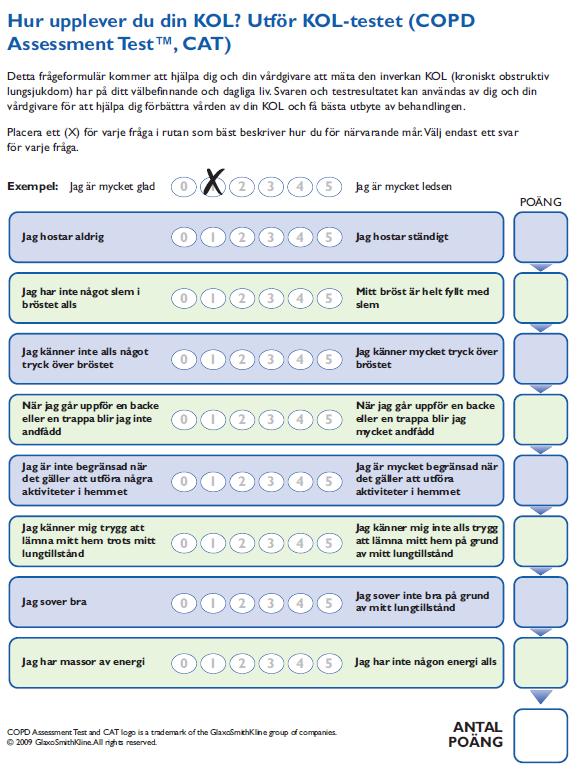 CAT-test, för utvärdering av KOL-patienter Dokument och tolkningsformulär finns