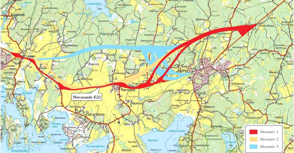 E22, Delen Lösen - Jämjö Sidan 23 av 152 2017-12-22 Figur 12. Vägkorridorer enligt alternativ 1-3.