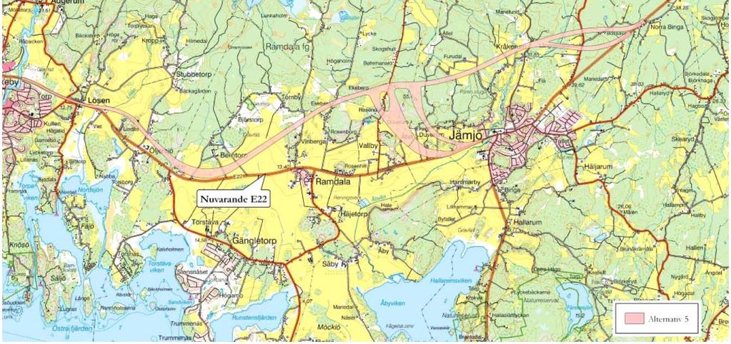 E22, Delen Lösen - Jämjö Sidan 24 av 152 2017-12-22 Alternativ 5 Alternativ 5 följde korridoren för alternativ 2 mellan Lösen och Torstäva, men vek sedan av norrut, se Figur 14.