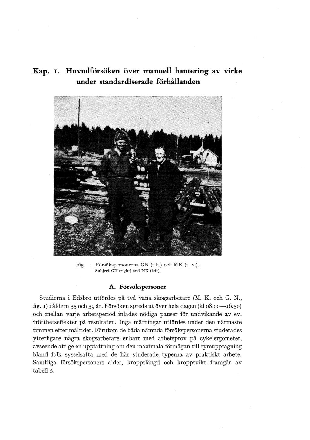 Kap. 1. Huvudförsöken över manue hantering av virke under standardiserade förhåanden Fig. r. Försökspersonerna GN (t.h.) och MK (t. v.). Subject GN (right) and MK (eft). A.