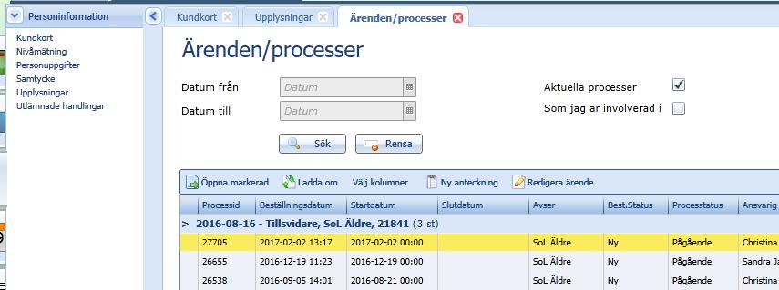 Ärende/processer kolumn för ansvarig I vyn Ärenden/processer tillkommer möjlighet att lägga till en person som Ansvarig för hela ärendet (dvs