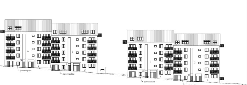 Till vänster syns punkthus i område A. Till höger lamellhusbebyggelse i område B. Längs Smörslottsgatan föreslås byggnader i fem våningar upp till takfot samt en vind med bostäder.