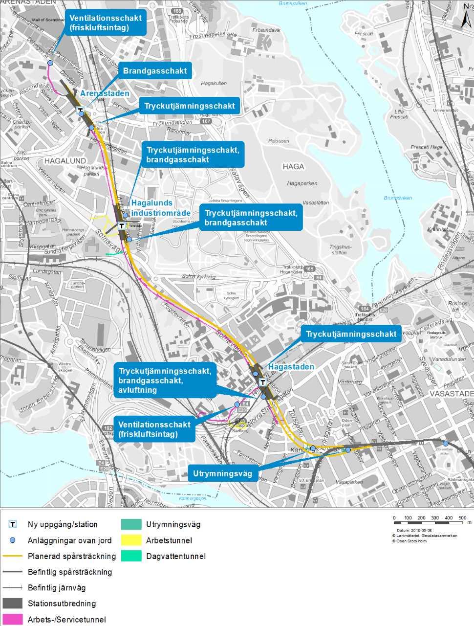 Figur 30. Spårsträckning samt anläggningar ovan mark. Dubbelspårstunneln och servicetunneln löper från Station Hagastaden i berget under Solnavägen, se Figur 30.