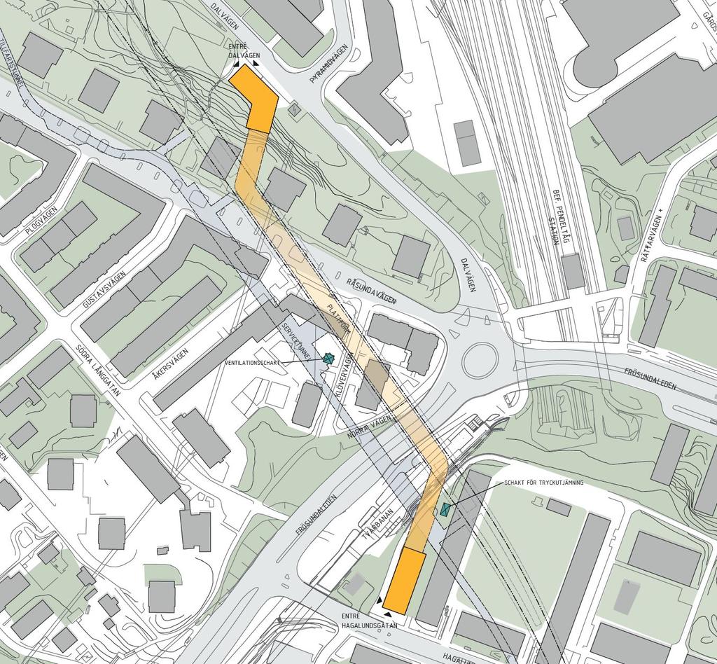 4.3.7 Utformning av Station Arenastaden Station Arenastaden kommer att anläggas under mark från Hagalundsgatan i söder till Dalvägen i norr se Figur 37.