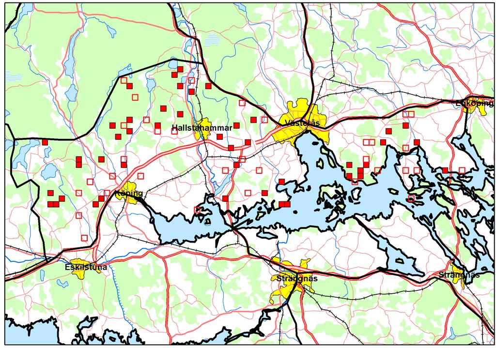 De fyllda rutorna innehåller bestånd som har inventerats. De ofyllda rutorna ingår i urvalet men inga bestånd som uppfyller äbinkriterierna har hittats.