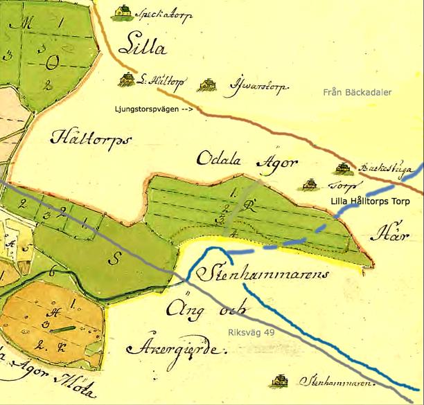 Kartbild 1758 - Hålltorp och dess grannar Karta från tid då ännu Stora Hålltorps byggnader kan ses inritade och den stora u formade ladugården är byggd på Lilla Hålltorp.