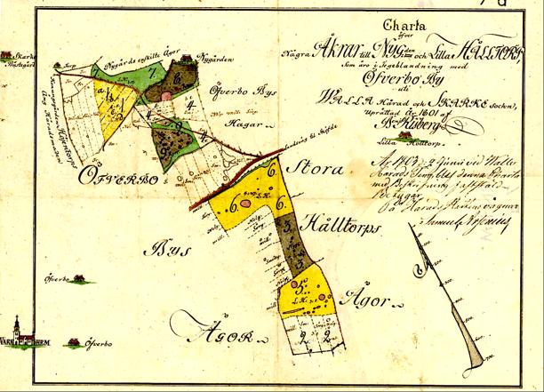Klicka på bilden för större karta! Hålltorpsgårdarnas inbördes förhållanden - kartbild 1801 På kartavritning av Gerd Silversparre, Storekullen, med äldre karta (1801) se kartan nedan!