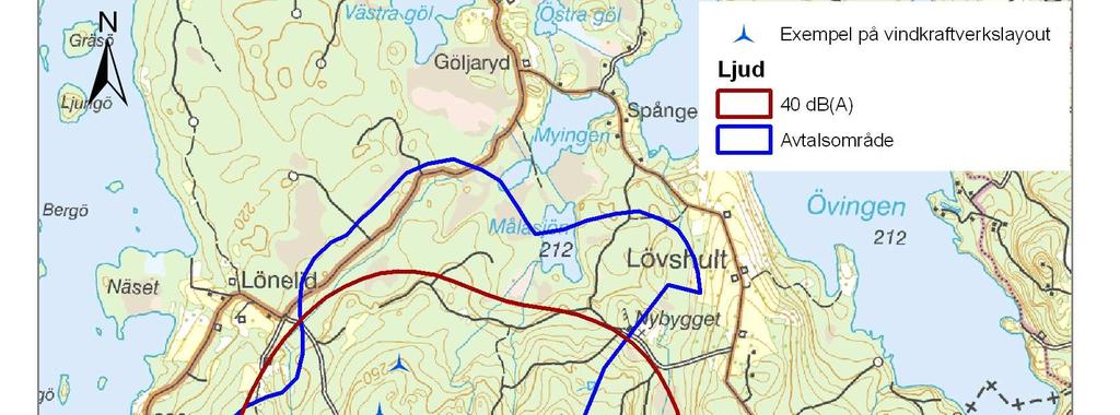 Figur 8: Ljudkurva (brun linje), 40 db(a) Områdena innanför ljudkurvan har en ljudnivå över 40 db(a) ch utanför