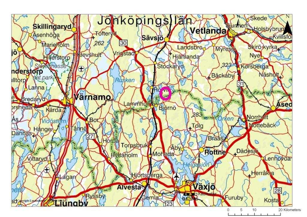 3.1 Lkalisering Markmrådet är ca 1200 hektar strt på gränsen mellan Sävsjö ch Växjö kmmuner, ca 5 km nrdst m Lammhult ch 15 km söder m Sävsjö. Lkaliseringen framgår av Figur 2.