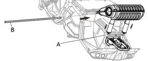 Steg 1: Montera främre hjulupphängning Vänd ATV Revenger upp och ned. 1) Sätt den främre hjulupphängning på sin position på karossen (A). 2) Skruva fast hjulupphängningen med 4 stycken skruvar (B).