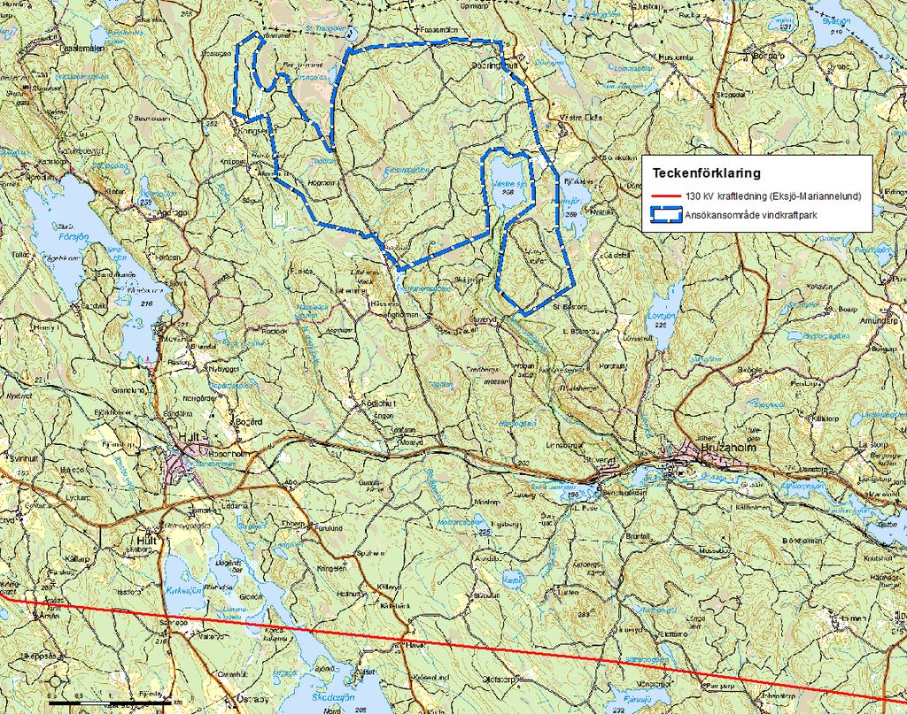 Vattenfalls parkområde och E.ON Energidistributions befintliga 130 kv ledning mellan Eksjö och Mariannelund är fasta förutsättningar för den planerade ledningens placering, se figur 1.