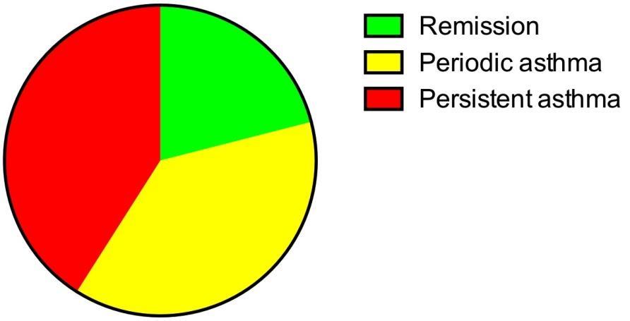 Remission and persistence of asthma followed from 7 to 19 years of age Andersson et al. Pediatrics 2013 41% 21% 38% Remission: Free from symptom and asthma medication the last 3 year at age 19 y.