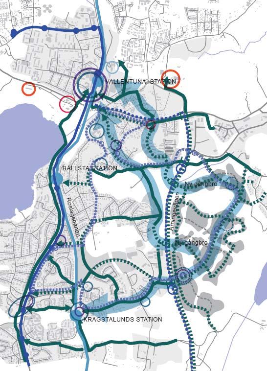Gång- och cykelvägar Längs sträckan kan man passera järnvägen i de tre korsningar som nämnts under avsnittet om körvägar. Ingen av de tre korsningarna har separerade gång- och cykelbanor.