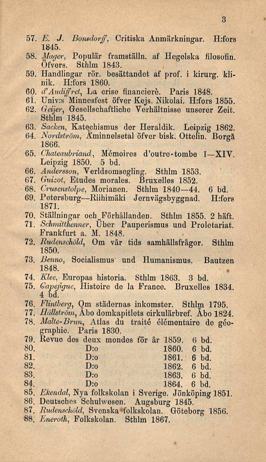 57. E. J. Bonsdorff, Critiska Anmärkningar. Hrfors 1845. 58. Mager, Populär framställn. af Hegolska filosofin. Öfvers. Sthlm 1843. 59. Handlingar rör. besättandet af prof. i kirurg. klinik.