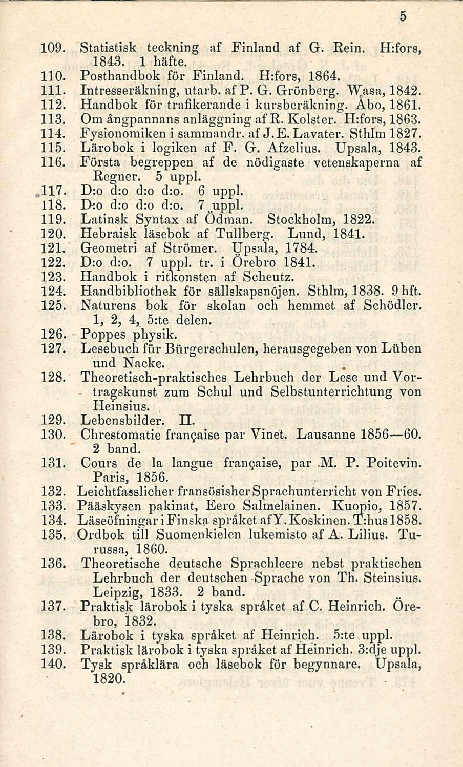 109. Statistisk teckning af Finland af G. Rein. H:fors, 1843. 1 häfte. 110. Posthandbok för Finland. H:fors, 1864. 111. Intresseräkning, utarb. af P. G. Grönberg. 1842. 112.