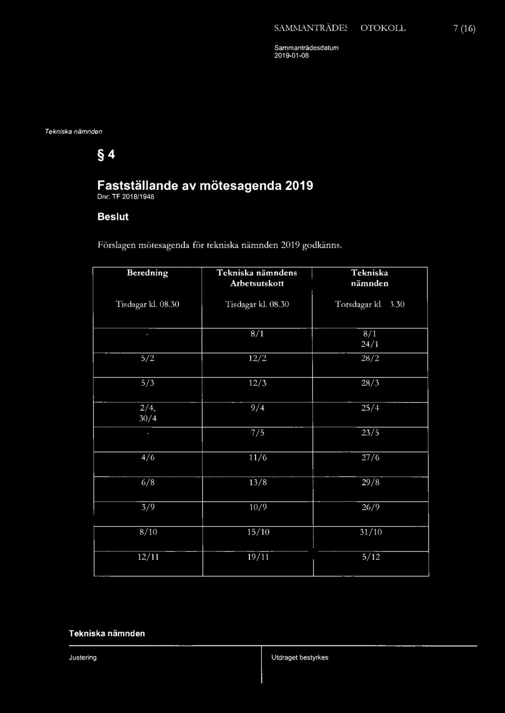 SAM1v1ANTRÄDESPROTOKOLL 7 (16) 4 Fastställande av mötesagenda 2019 Dnr: TF 2018/1948 Förslagen mötesagenda för tekniska nämnden 2019 godkänns. Beredning s Tekniska Arbetsutskott nämnden Tisdagar kl.