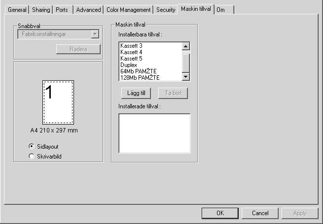 5 Konfigurera skrivardrivrutinens inställningar 5.6 Fliken Maskin tillval Ange vilka tillval som är installerade på maskinen på den här fliken. 5.6.1 Maskin tillval 2 Observera Alternativet Duplex hanteras endast av 210.