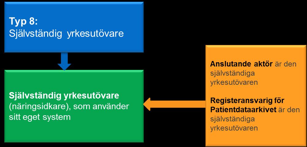 Verksamhetsenheterna för hälso- och sjukvård B och D kan ansluta sig med sitt eget system eller tillsammans med huvudanslutaren. 5.2 Självständig yrkesutövare Typ 8 Figur 10.