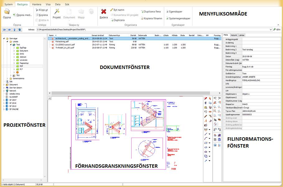 Arbeta med Arbeta med Chaos desktop arbetsyta Arbetsytan är uppdelad i fem delar: Menyfliksområde Projektfönster Dokumentfönster Förhandsgranskningsfönster (Viewer) Filinformationsfönster