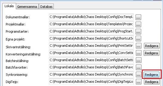 Konfigurera synkronisering Systeminställningar Konfigurationen för Chaos desktop synkronisering sparas i en xml-fil, var denna ligger och vad den heter anges under Inställningar.