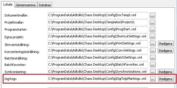 Konfigurera DigiTejp Systeminställningar Konfigurationen för DigiTejp sparas i xml-filer, var dessa ligger och vad de heter anges under Arkiv Konfiguration Inställningar vid rubriken DigiTejp.