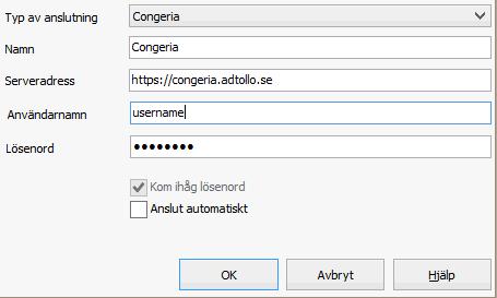 Systeminställningar Anslutning till Congeria Typ av anslutning: Välj Congeria i listan. Namn: Ange valfritt namn på anslutningen.