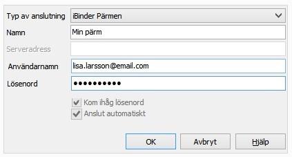 Systeminställningar Anslutning till ibinder Pärmen Typ av anslutning: Välj ibinder Pärmen i listan. Namn: Ange valfritt namn på anslutningen. Användarnamn: Ange ditt användarnamn för ibinder Pärmen.