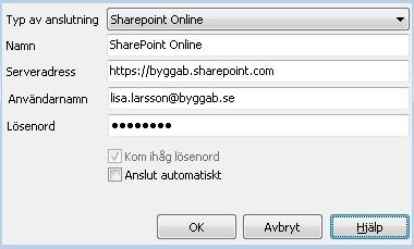 SharePoint Online: För SharePoint Online (Office 365) väljer du "SharePoint Online". Observera att du måste ange adressen med https när du skriver adressen till SharePoint Online.